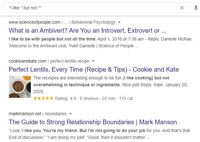 Screenshot of google search results for "i like * but not" with links to articles about ambiverts, cooking lentils, and relationship boundaries.