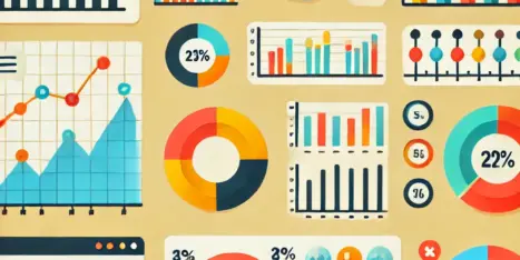 A variety of colorful graphs and charts, including pie charts, line graphs, and bar graphs, displaying different sets of data on a beige background.