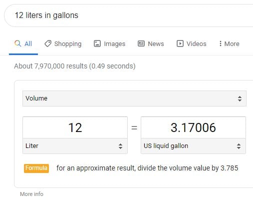 Screenshot of a google search result showing the conversion from 12 liters to 3.17006 us liquid gallons.