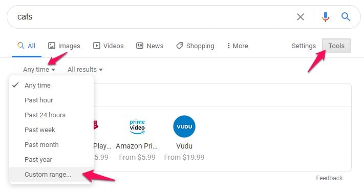 Screenshot of a google search results page for "cats" with arrows pointing to "tools" and "custom date range" options under the search filters.