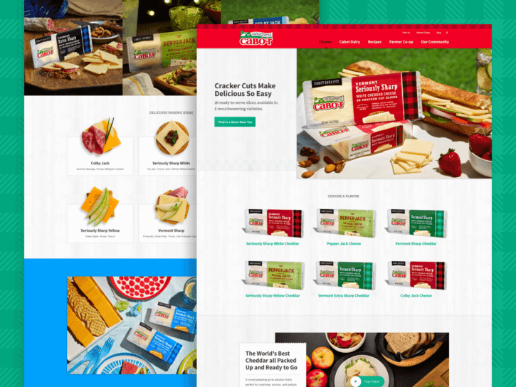 Two desktop views for the Cabot Cheese website design.