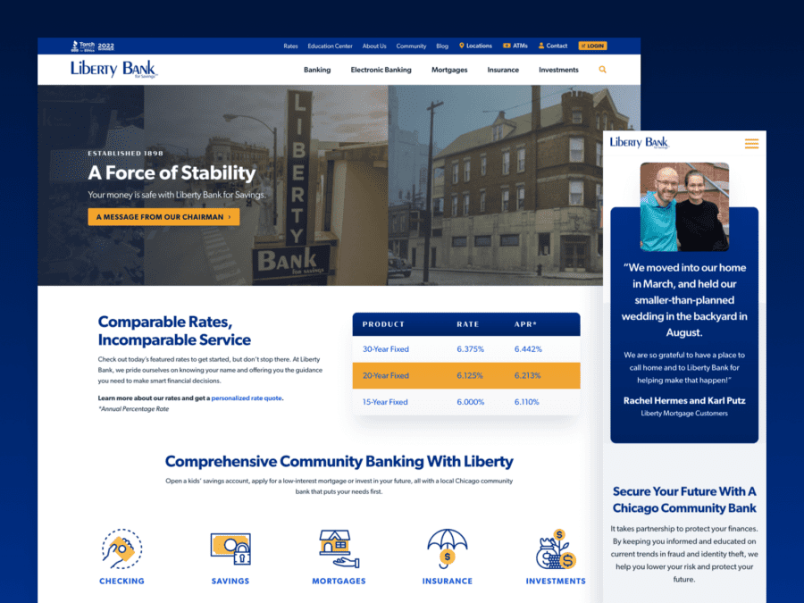One desktop-sized screenshot, and one mobile-sized screenshot of Liberty Bank website.