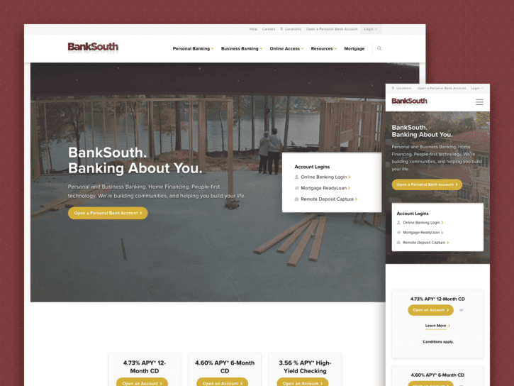 Desktop and mobile screenshot of BankSouth website