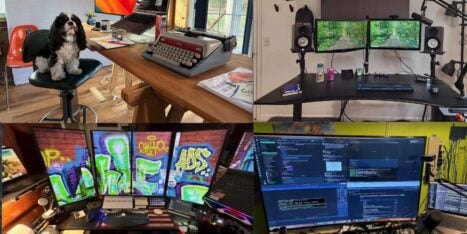 A collage of four computer workstations, each with multiple monitors and accessories; one setup includes a dog sitting on a chair and another features colorful graffiti on the wall.