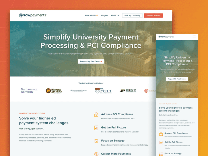 One desktop-sized screenshot, and one mobile-sized screenshot of Arrow Payments.