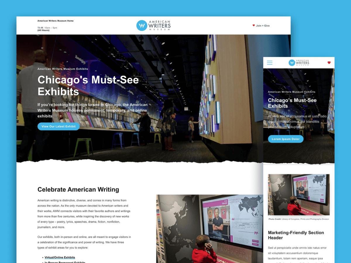One desktop-sized screenshot, and one mobile-sized screenshot of American Writers Museum.