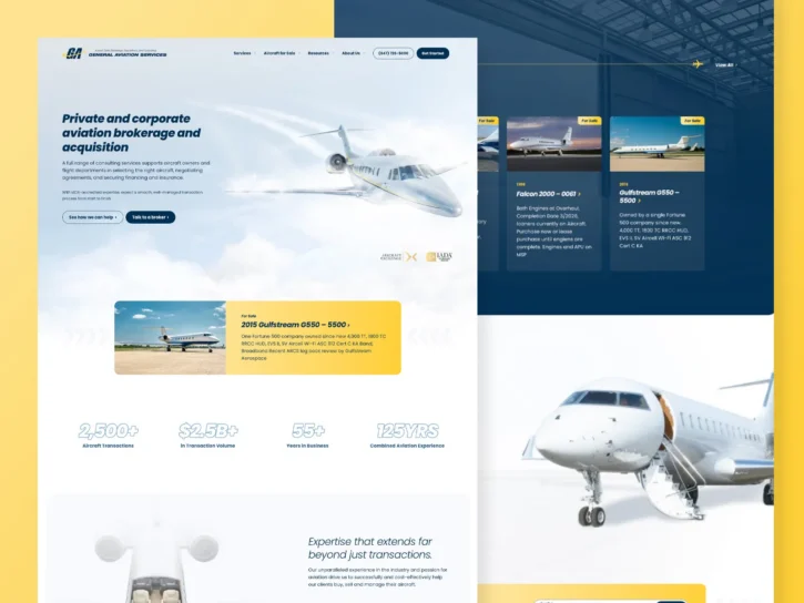 Website homepage for an aviation brokerage featuring images of private jets, company stats, available aircraft listings, and a navigation menu on a blue and yellow-themed layout.