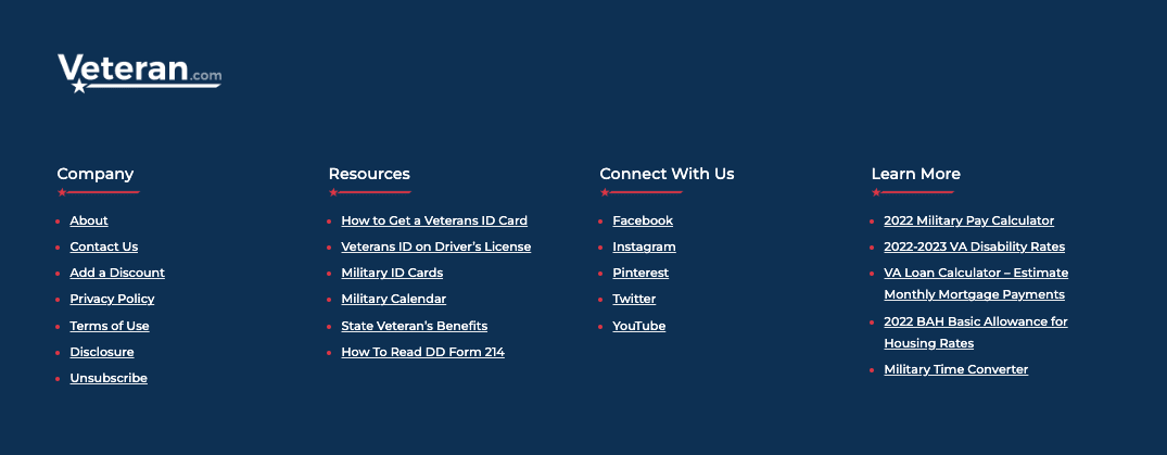 picture of veteran.com footer links