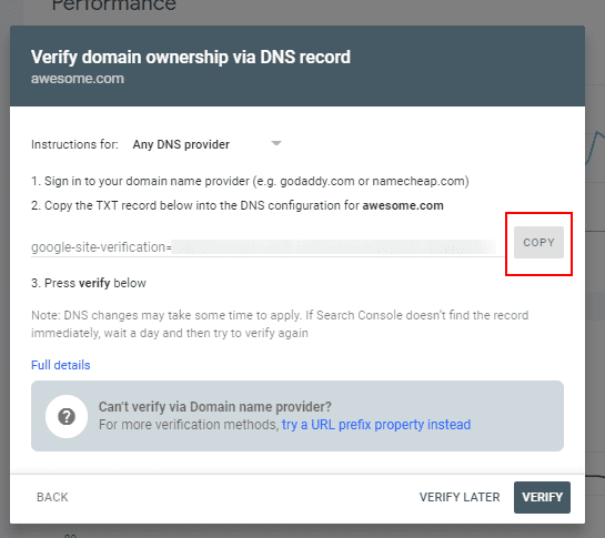 verify domain in GSC