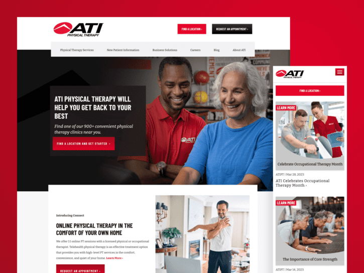 Desktop and mobile view of ATI Physical Therapy website design.