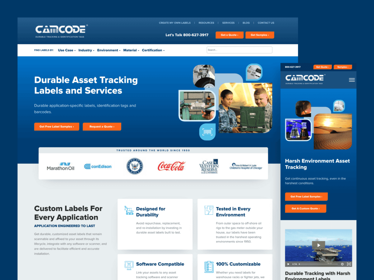 Desktop and mobile view of Camcode website design.