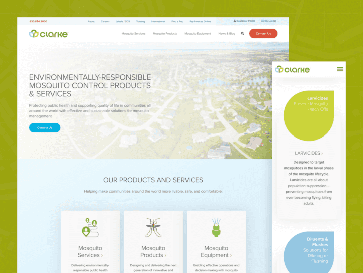 Desktop and mobile view of Clarke Mosquito and Pest Control Solutions website design.