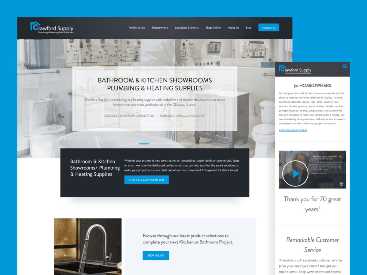 Desktop and mobile views of the Crawford Supply website design.