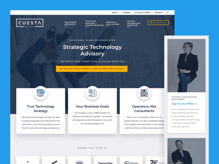 Desktop and mobile views of the Cuesta Partners website design.