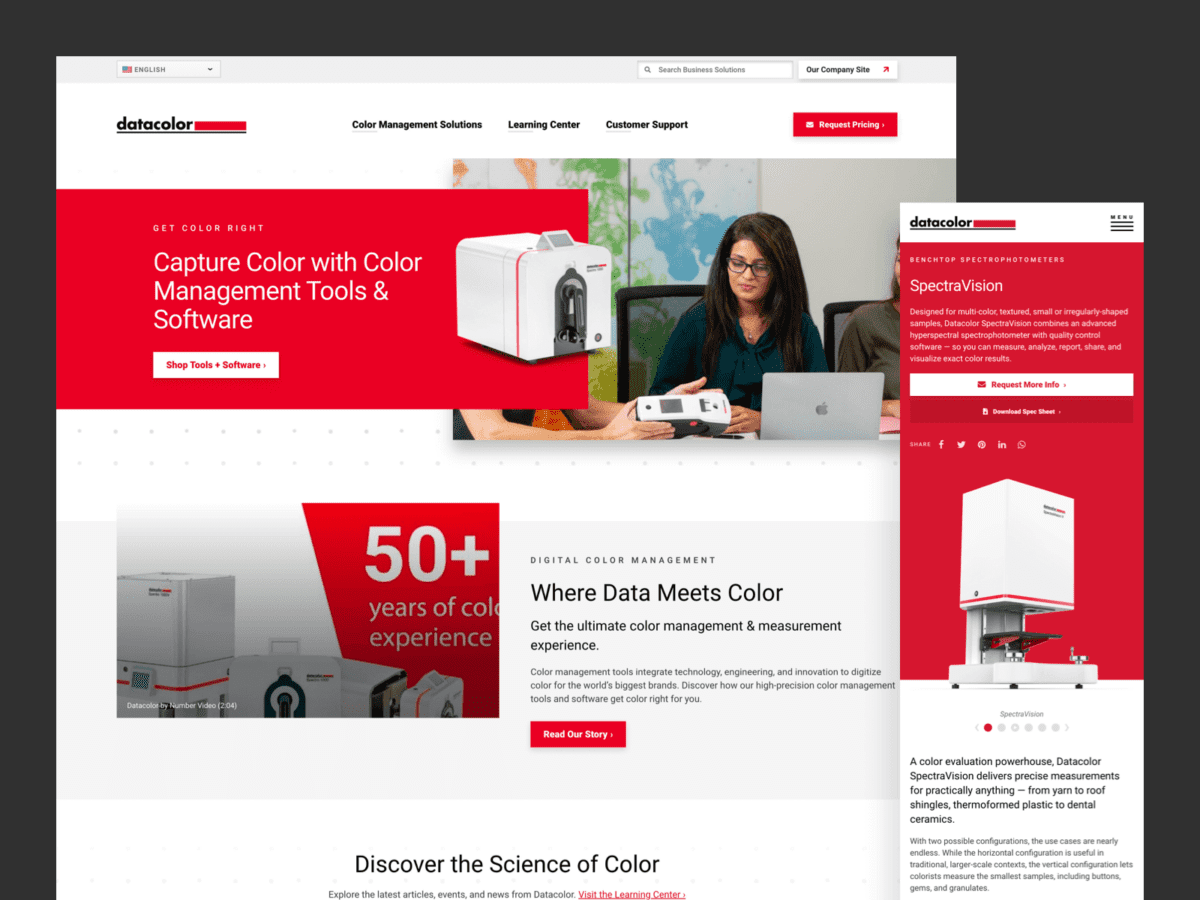 Desktop and mobile views of the Datacolor Color Management Solutions website design.