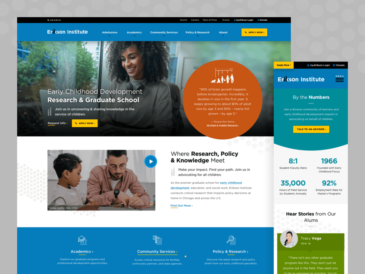 Desktop and Mobile views of the Erikson Institute of Childhood Development website designs.