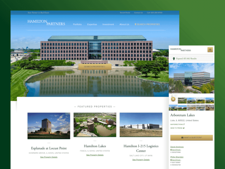 Desktop and mobile views of the Hamilton Partners Property Management Company website design.