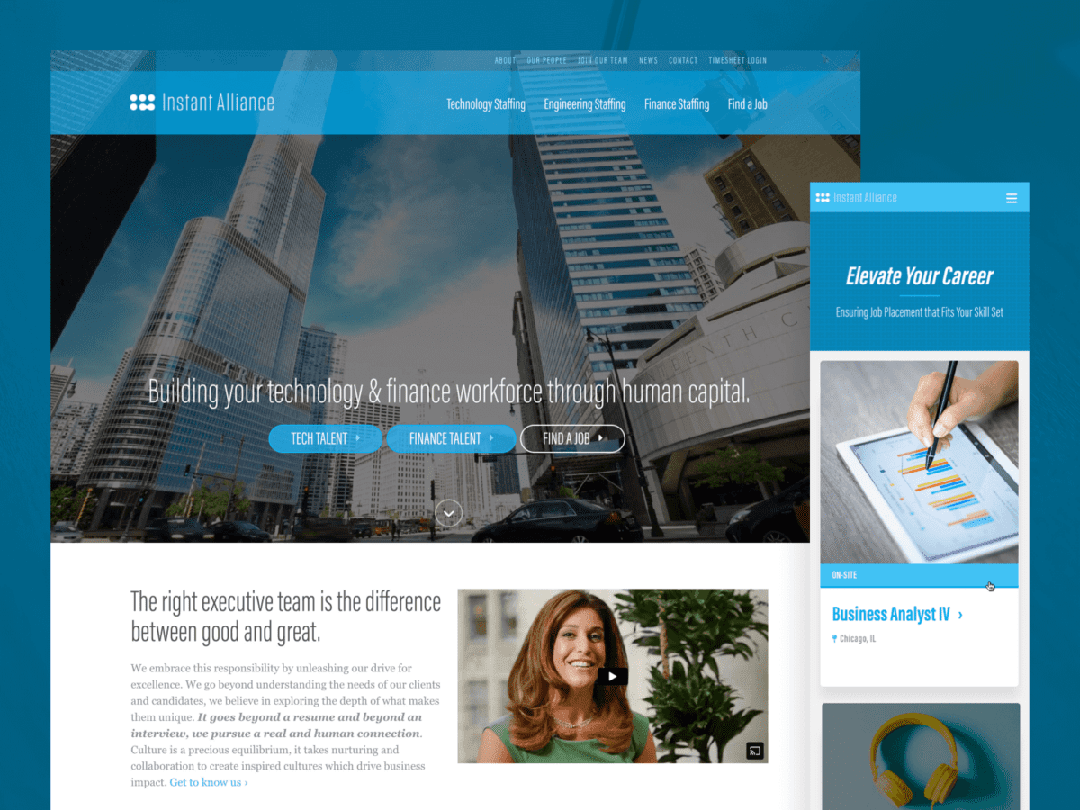 Desktop and mobile views of the Instant Alliance recruiting website design.
