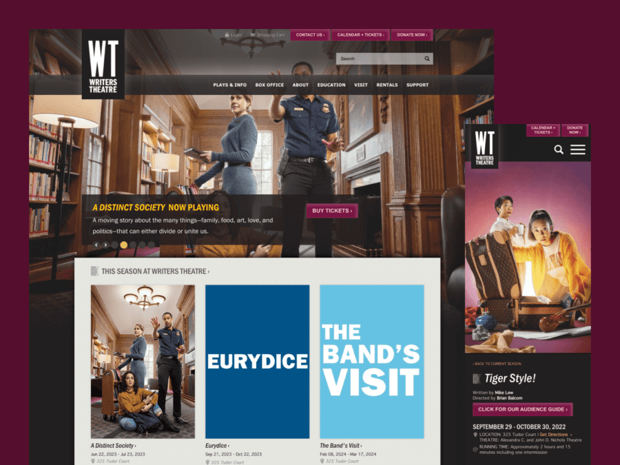 Desktop and mobile views of the Writers Theater website design.