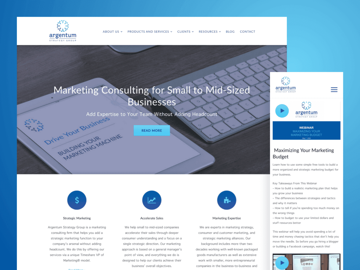 Desktop and mobile view of Argentum Strategy Group website design.