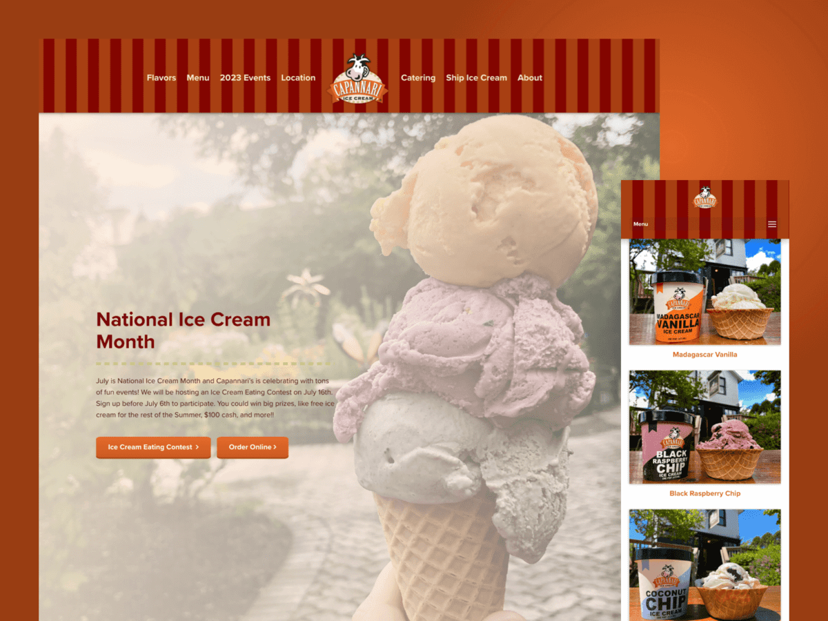 Desktop and mobile view of Capannari Ice Cream website design.