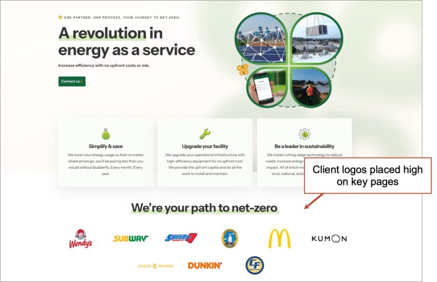 Advertisement for an energy service company, featuring infographics about services and client logos from recognizable brands.