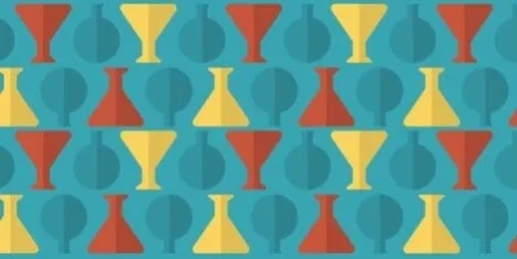 Pattern of red, yellow, and teal geometric shapes resembling flasks and funnels on a teal background.