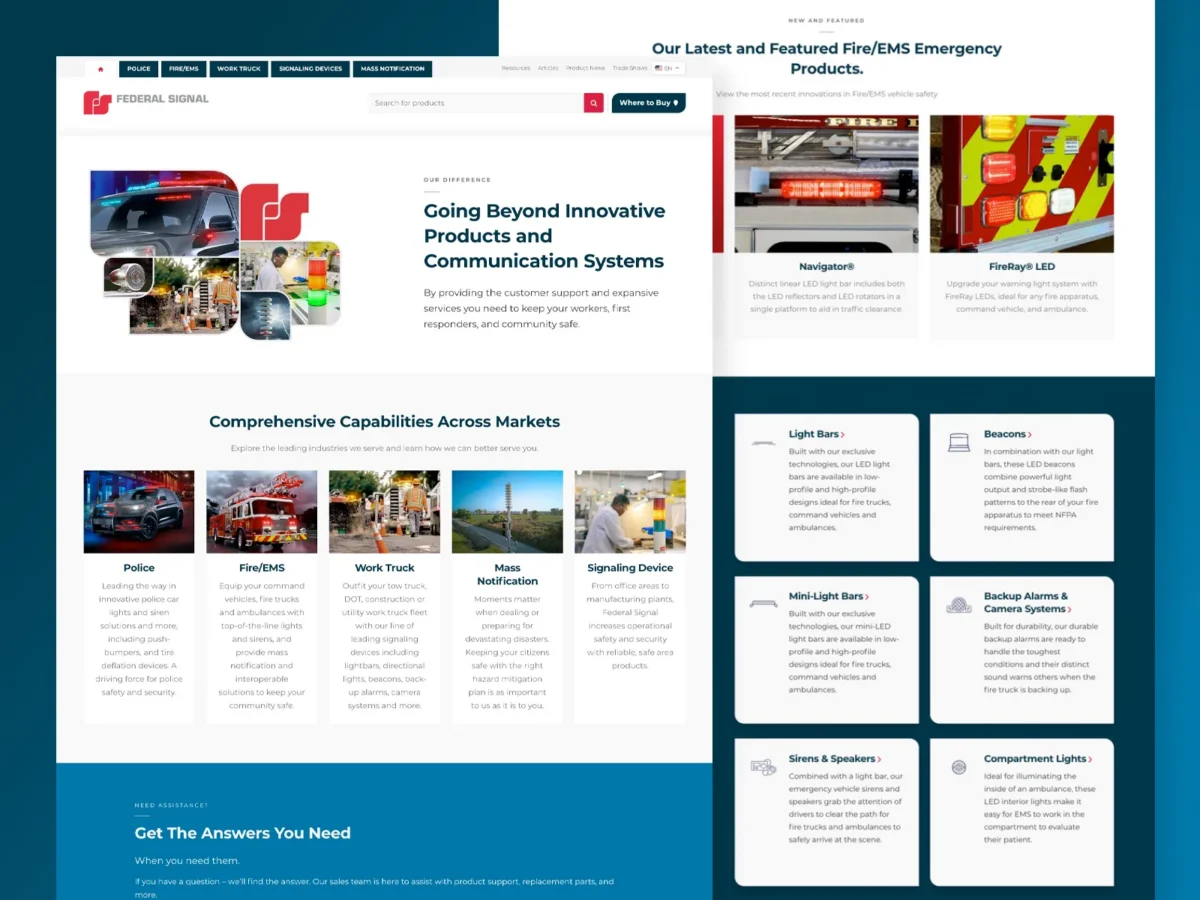 Screenshot of a website homepage for Federal Signal, featuring emergency products, market solutions, and informational cards about their capabilities and product offerings.