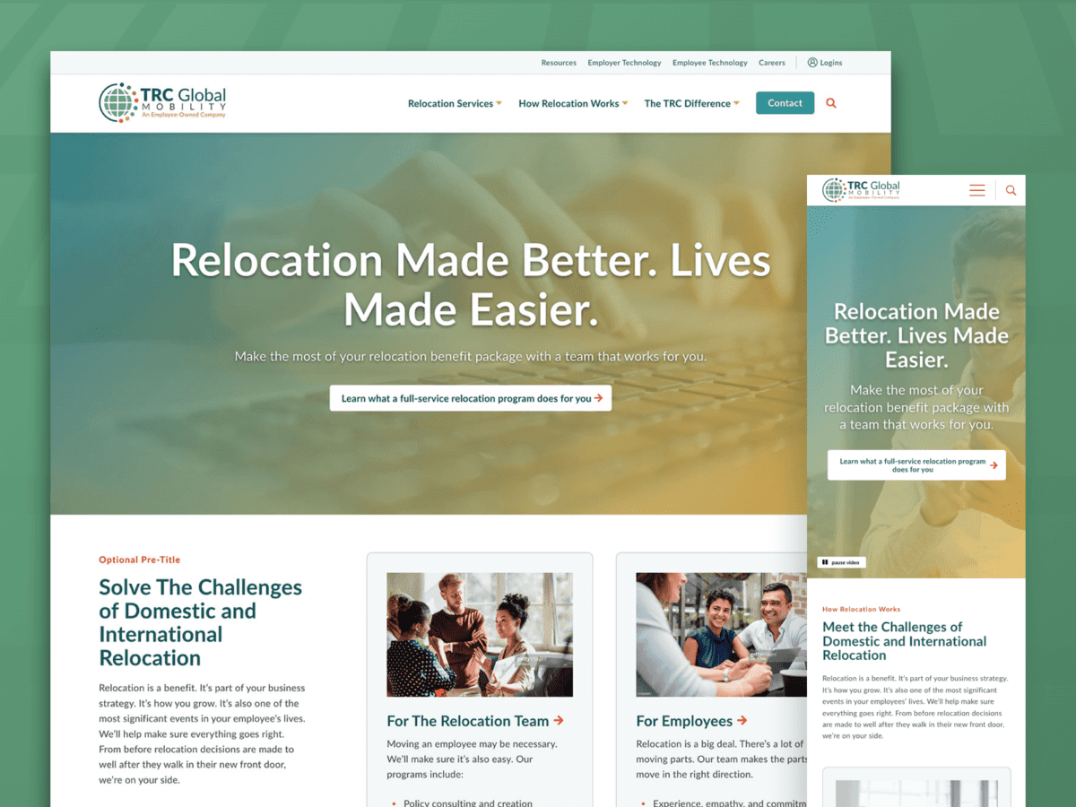 One desktop-sized screenshot, and one mobile-sized screenshot of TRC Global Mobility.