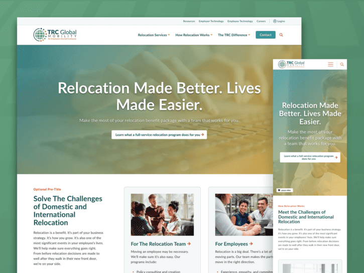 One desktop-sized screenshot, and one mobile-sized screenshot of TRC Global Mobility.