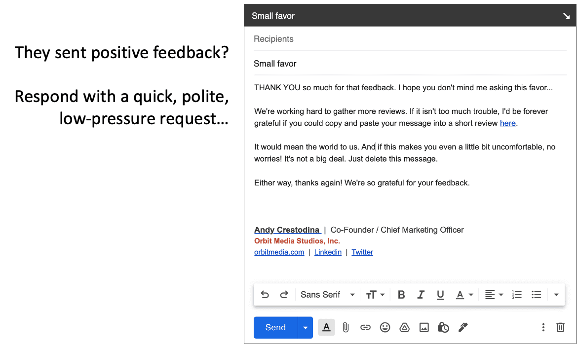 an email template asking for reviews