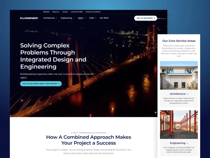 Website homepage for Klinger, featuring a city bridge at night, navigation menu, a headline about engineering solutions, and a sidebar outlining core service areas with images and descriptions.