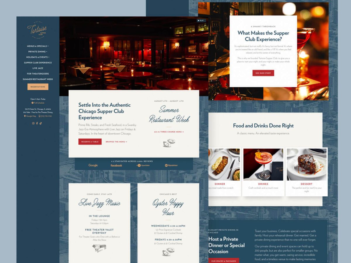 two desktop design view of tortoise supper club website