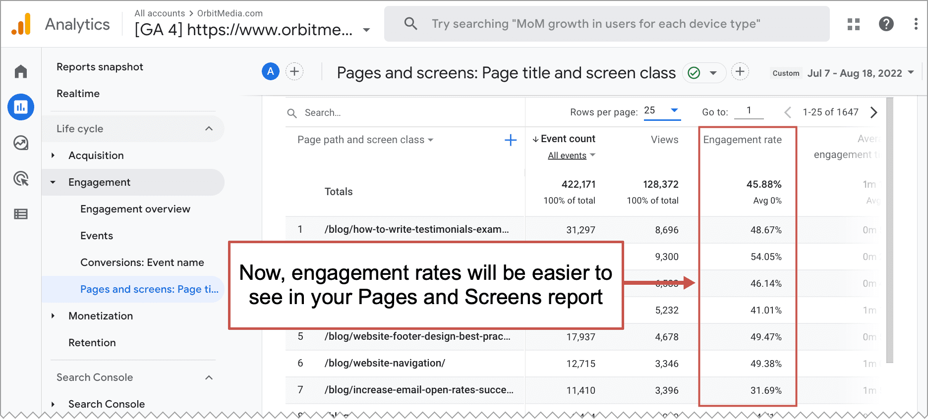engagement page report in GA4