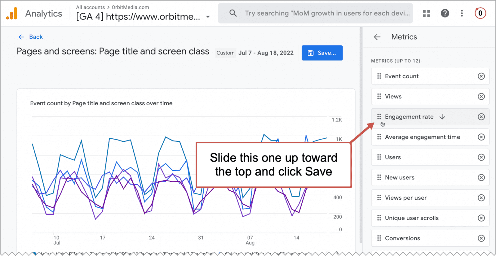 arrow pointing to the column where you move metrics around