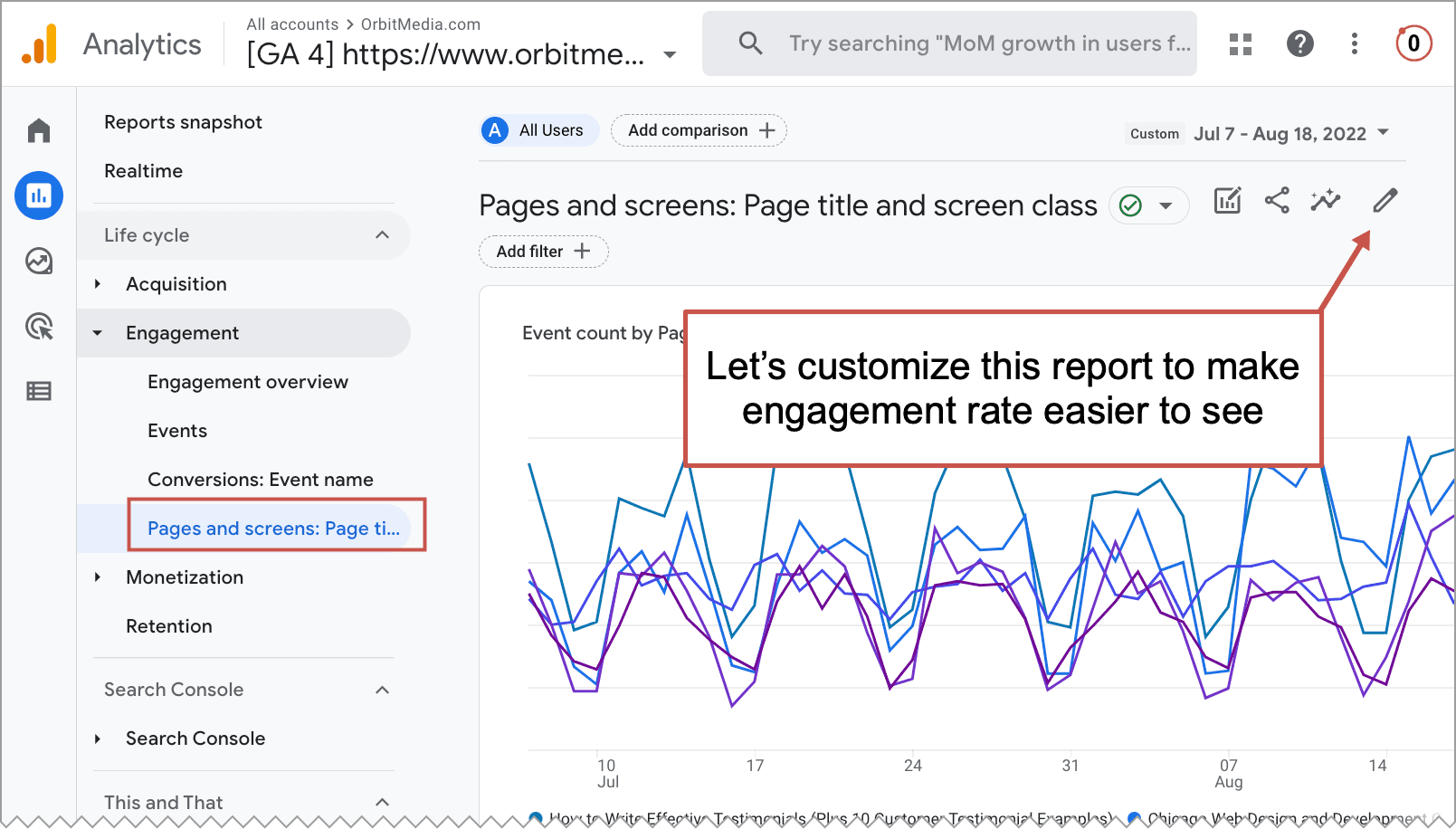 arrow pointing to the top right where the pencil is to edit the report