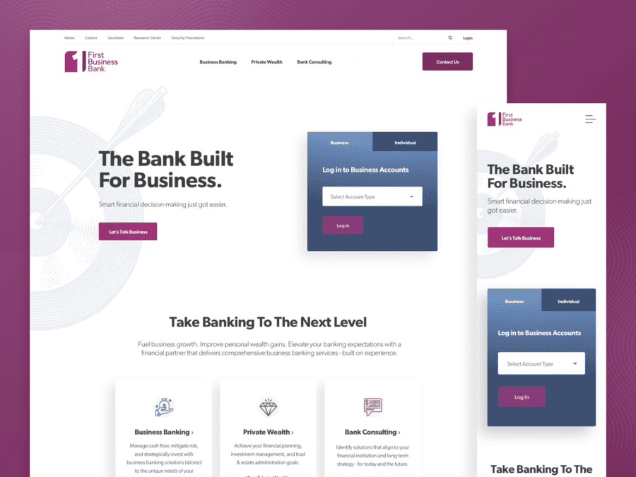 Desktop and mobile homepage designs for First Business Bank's website.