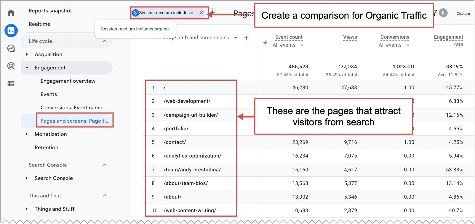 landing page report for organic traffic in GA4