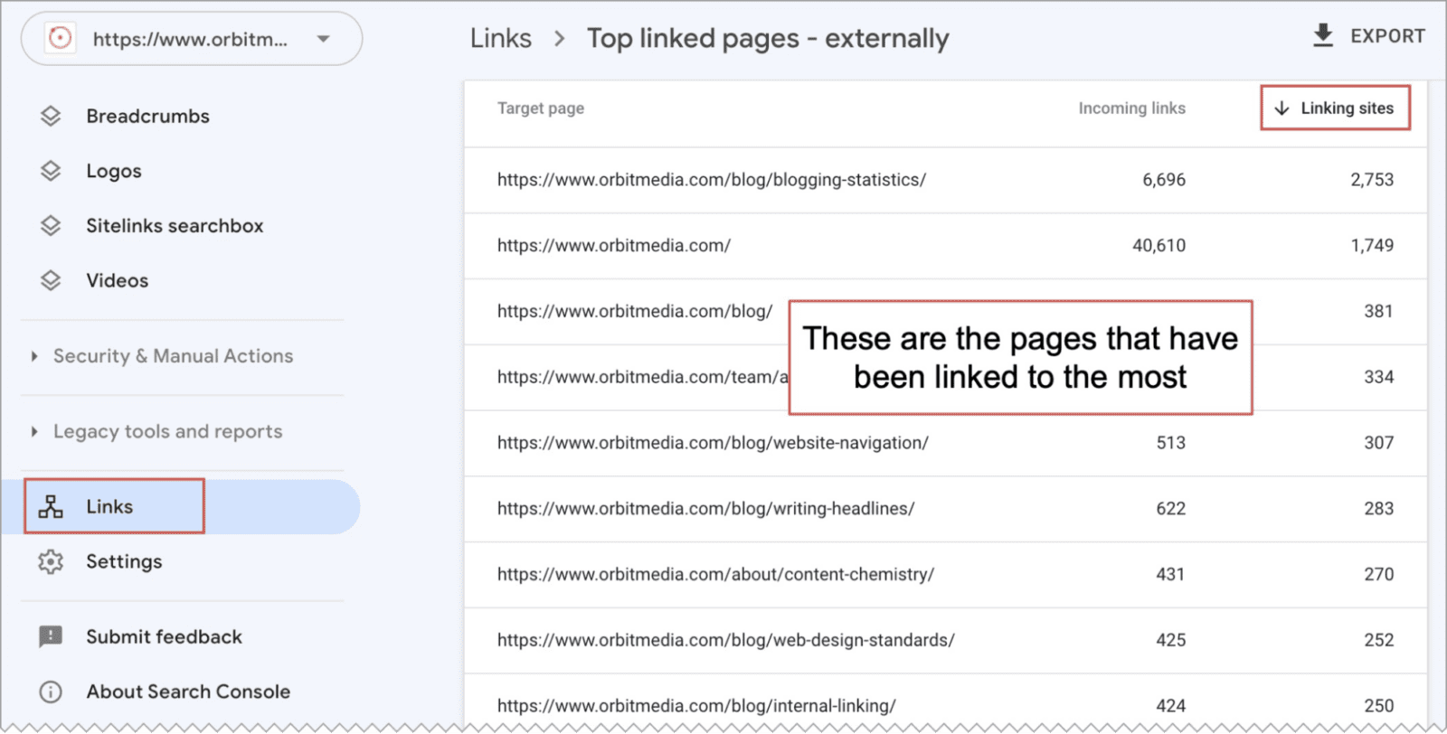 search console report showing the most linked to pages