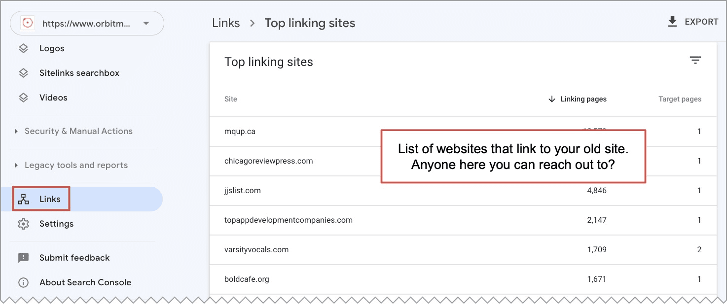 search console report showing a list of sites that link to your old site