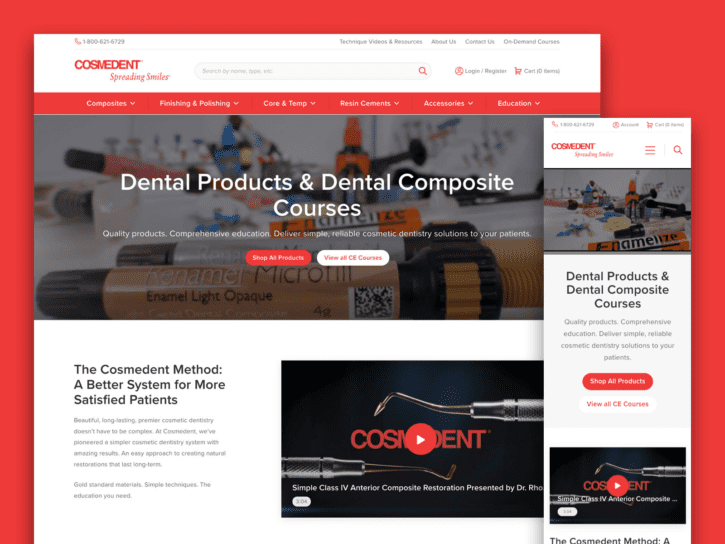 One desktop-sized screenshot, and one mobile-sized screenshot of Cosmedent.