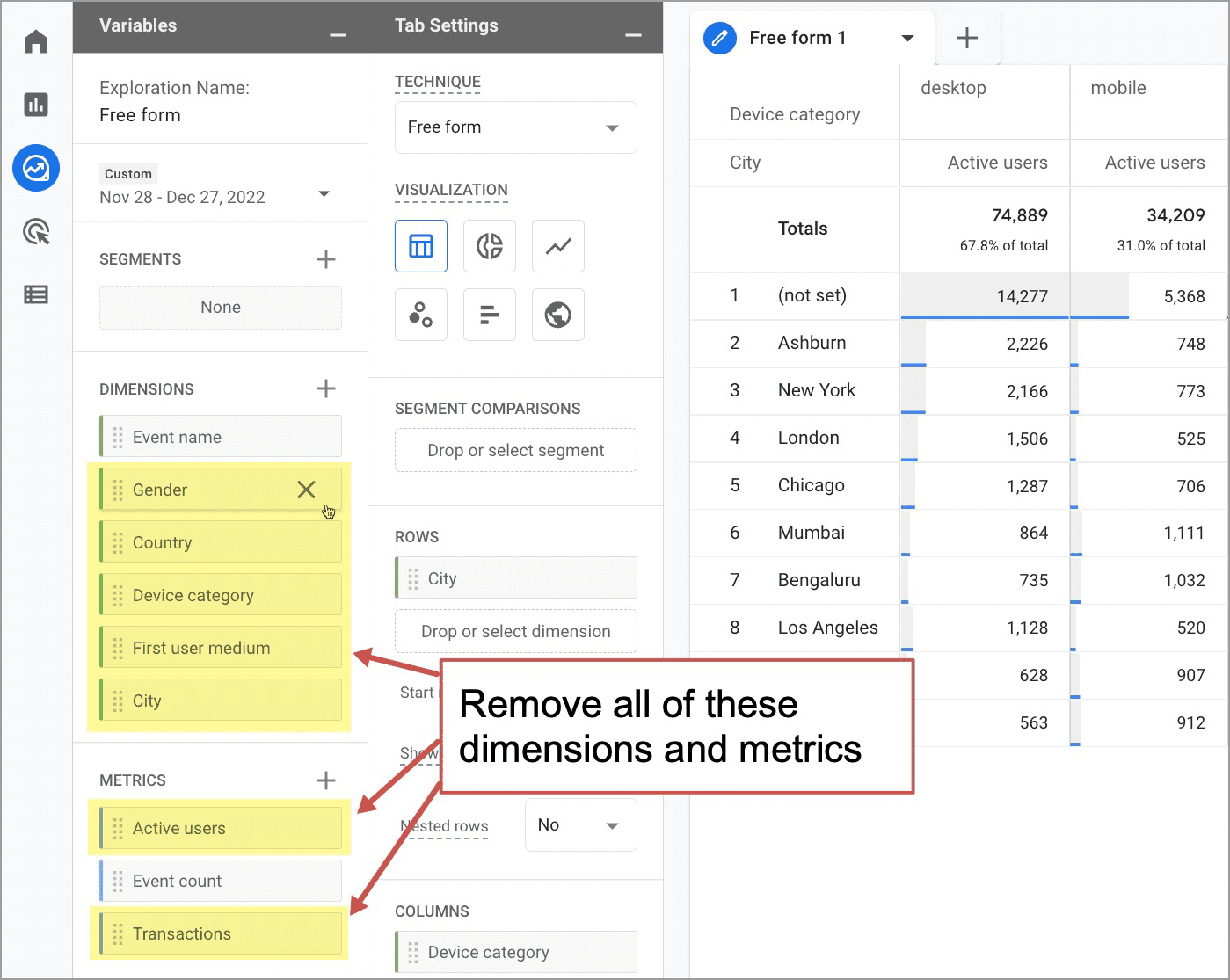 ga4 report showing how to remove dimensions