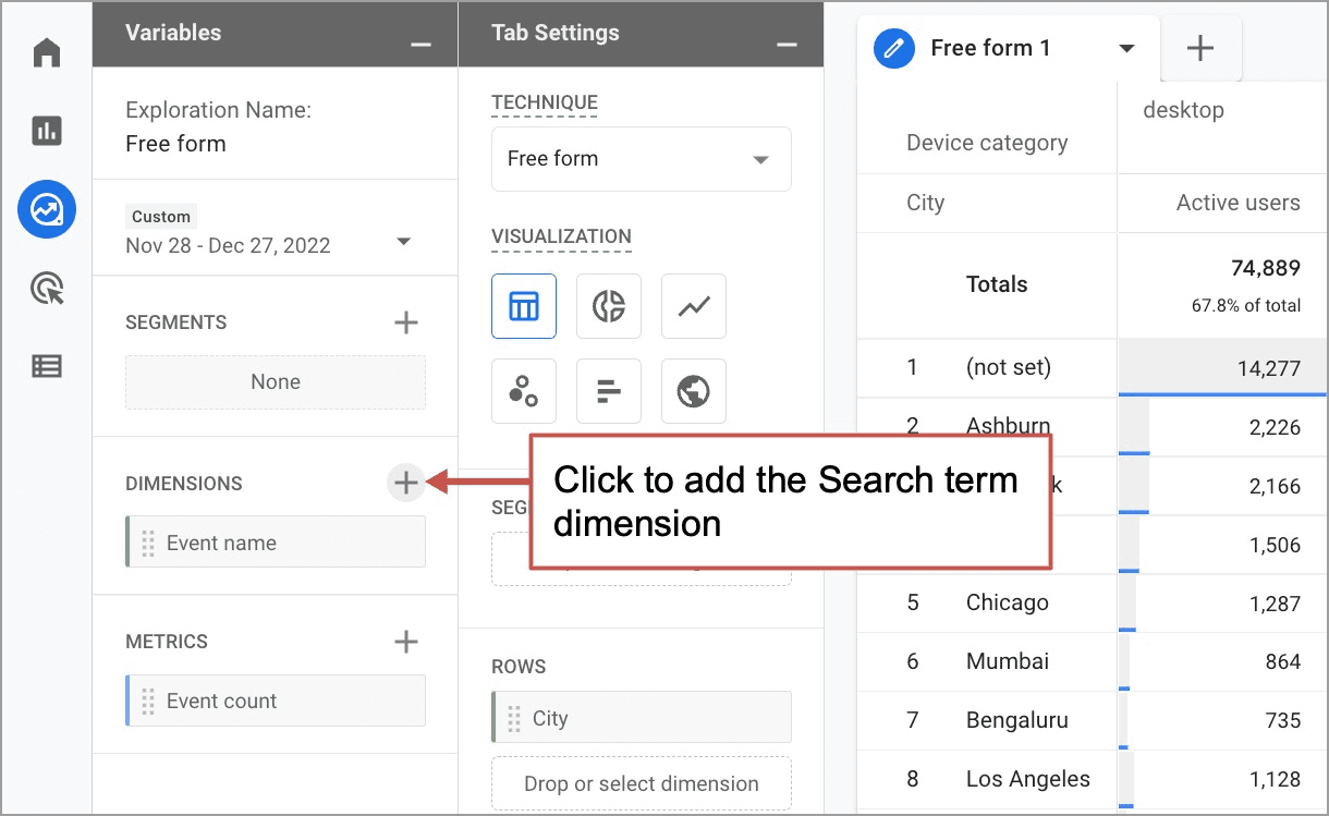 ga4 report showing how to add a dimension