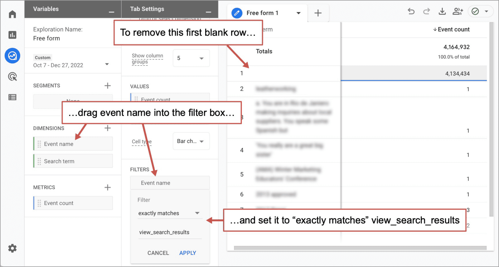 ga4 report showing how to set up site search