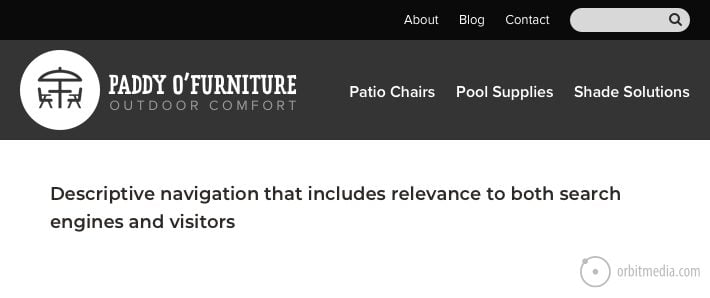 sample website navigation with patio chairs, pool supllies and shade solution in the navigation