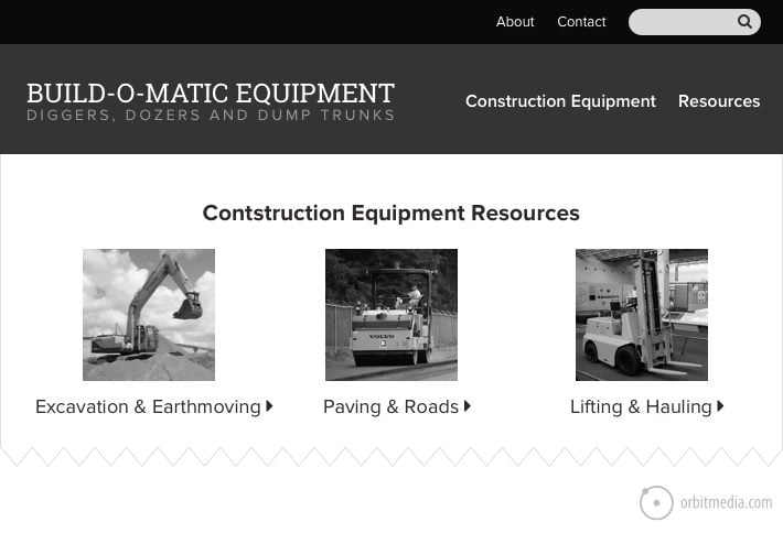 website with construction equipment and resources as navigation labels