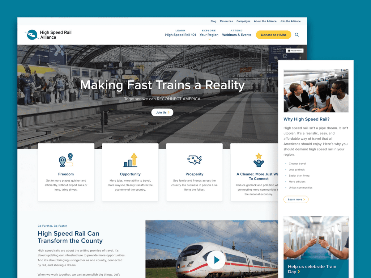 One desktop-sized screenshot, and one mobile-sized screenshot of High Speed Rail Alliance.