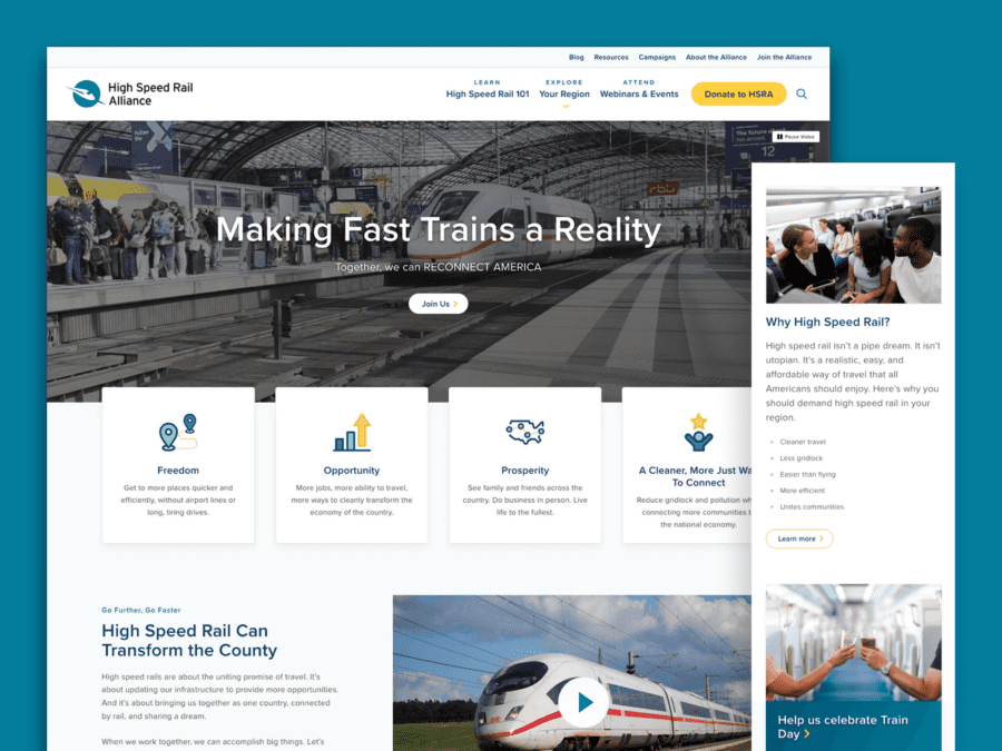 One desktop-sized screenshot, and one mobile-sized screenshot of High Speed Rail Alliance.