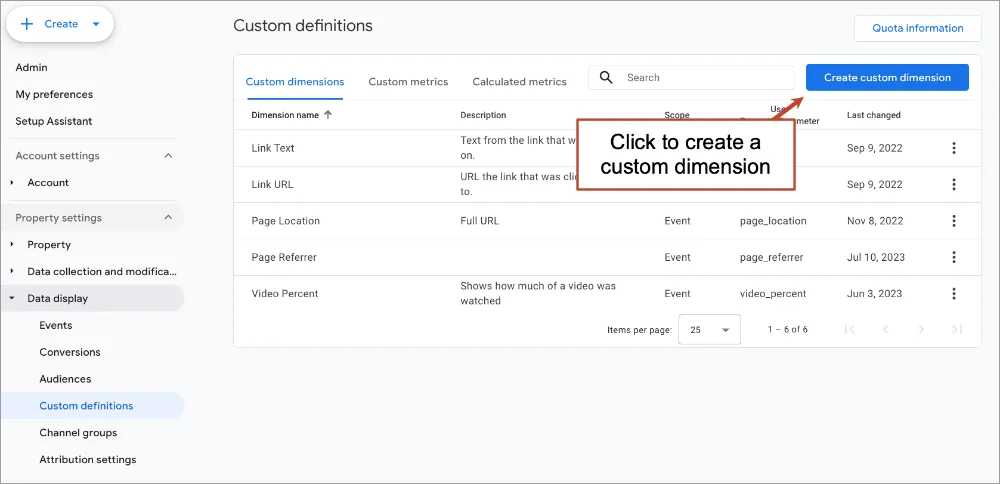 Screen capture of an analytics dashboard with a pointer clicking a button labeled "create custom dimension.