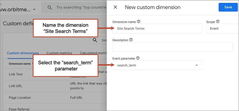 Screenshot of a web analytics interface showing steps to configure a new custom dimension, focusing on naming the dimension and selecting the parameter.